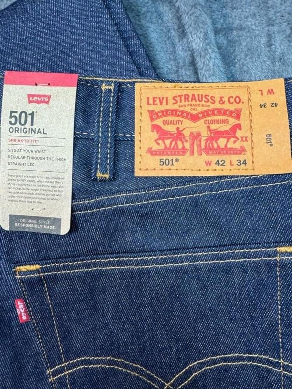 Levi's 501 Jeans Mens 42x34 Blue Raw Straight Shrink-To-Fit Button Fly Denim